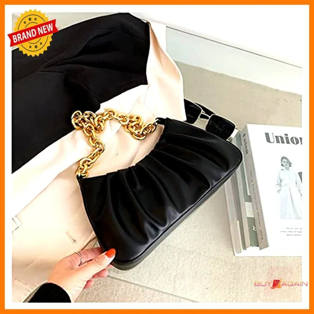 Small Leather Shoulder Bag with Gold Chain, Evening Clutch Purse